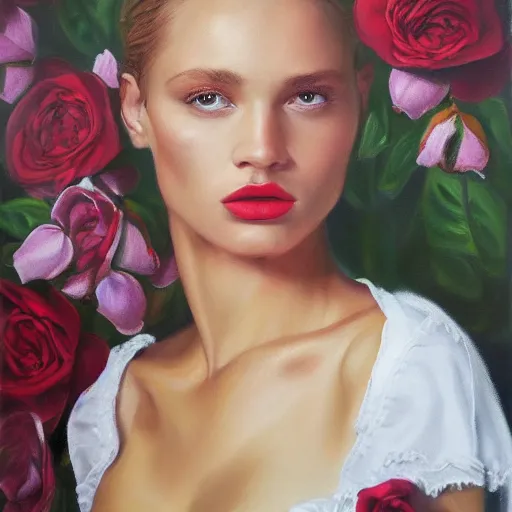 Prompt: hyperrealism oil painting, fashion model portrait, eye roses