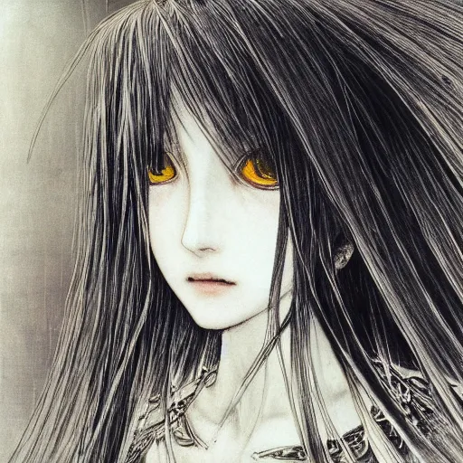 Prompt: yoshitaka amano blurred and dreamy illustration of an anime girl with black eyes, wavy white hair fluttering in the wind wearing elden ring armor with engraving, abstract black and white patterns in the background, noisy film grain effect, highly detailed, renaissance oil painting, weird portrait angle, blurred lost edges, three quarter view