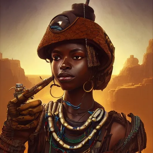 Prompt: african steampunk bandit, science fiction, highly detailed, digital painting, beautiful eyes, symmetry, concept art, sharp focus, illustration, global illumination, radiant light, detailed and intricate environment, art by artgerm and greg rutkowski and magali villeneuve and ilya kuvshinov!