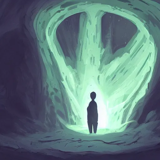 Image similar to A weird looking glowing plant lighting a dark cave, digital art, illustration, trending on artstation