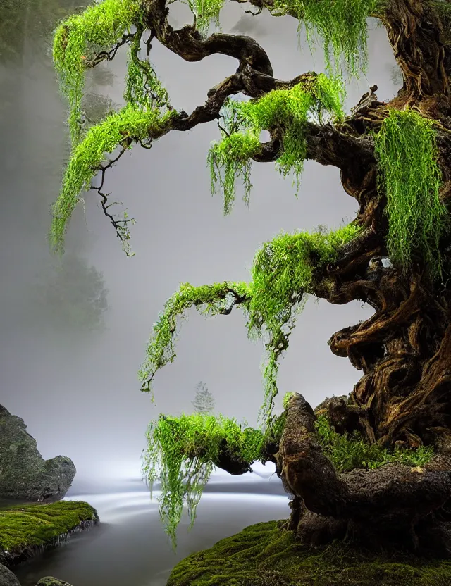 Prompt: bonsai shaped epic ancient willow tree made out of instant pot noodles glowing lights in the branches with buttressed roots rising above a cairn with waterfalls and rivulets of water running down into an underground lake at dawn by james jean by pascal blanche, at dawn, volumetric light, spirals, recursion