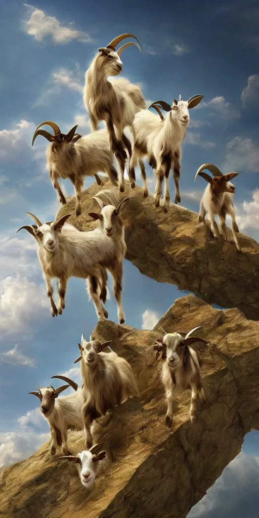 Prompt: a pack of goats climbing a citadel in the sky, beautiful, highly detailed