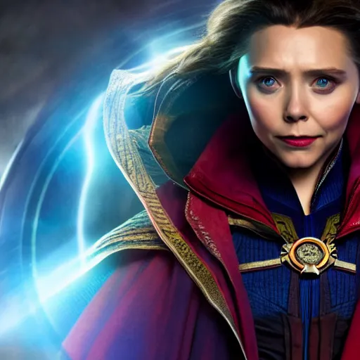 Image similar to Elizabeth Olsen as Doctor Strange, Elizabeth Olsen in Doctor Strange attire, in Avengers: Infinity War, Trending on artstation, photorealistic imagery, beautiful studio lighting, neon colorful lighting, 4k, 8k