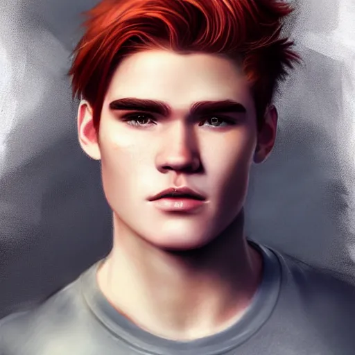 Prompt: < KJ Apa handsome-redhead-male-model with short-fade-haircut, natural, detailed portrait, photorealistic digital painting in the style of Charlie-Bowater, dramatic lighting shadows,