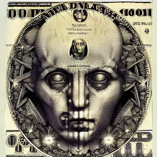 Image similar to post - punk new age album cover, asymmetrical design, dollar bank notes, capitalism, magic, apocalypse, psychedelic, black white pink, magic, giger h. r., giuseppe arcimboldo