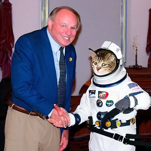 Image similar to cat astronaut shakes the hands with president