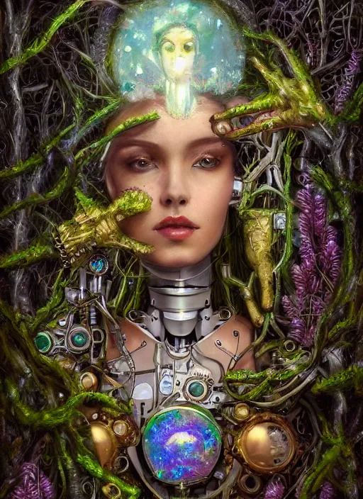 Image similar to oil painting of beautiful female robot covered by plants and crystals in the mystical forest, beautiful symmetrical face, chrome parts, opal crystals, renaissance style, golden steampunk, retro futurism, sci - fi, filigree jewellery, baroque, cinematic light, mystical shadows, 8 k