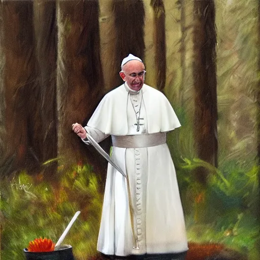 Image similar to the pope defecating in the forest while squatting, oil painting