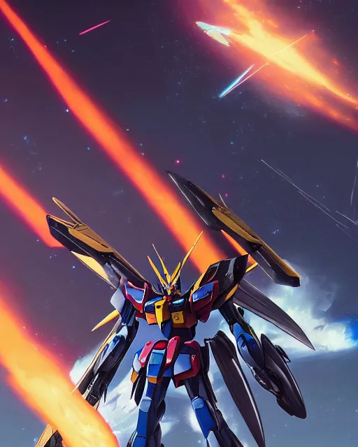 Image similar to highly detailed vfx portrait of gundam deathscythe hell fighting gundam epyon in space beam saber clash energy beams explosions, unreal engine, greg rutkowski, loish, rhads, beeple, makoto shinkai and lois van baarle, ilya kuvshinov, rossdraws, tom bagshaw, alphonse mucha, global illumination, detailed and intricate environment