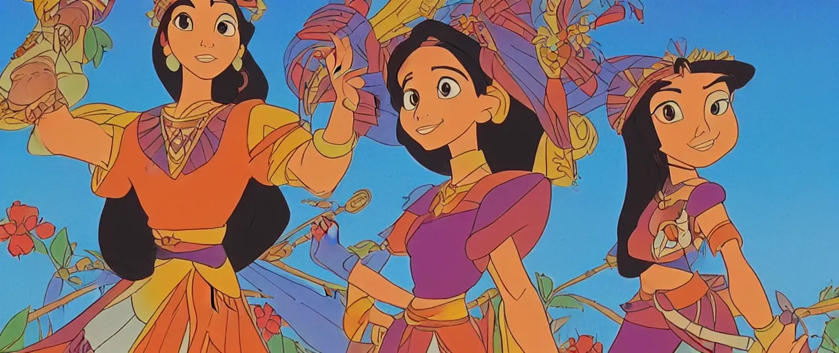 Image similar to Aztec Disney princess by Glen Keane, Disney 2D Traditional Animation, Semi Realistic Anime, Cel Shaded, Studio Ghibli, cinematic, widescreen, 4K