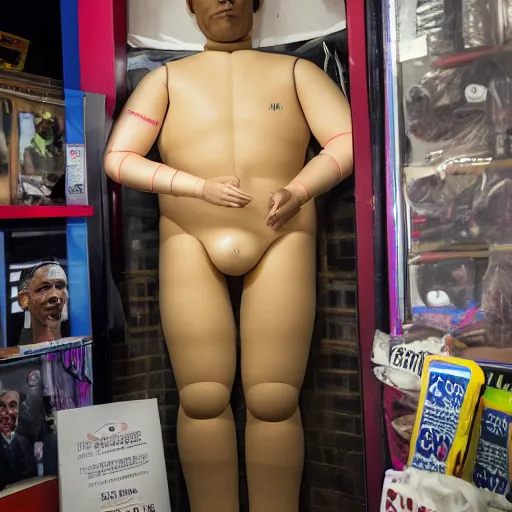 Prompt: a high quality blowup doll of Barack Obama for sale inside of a secret basement bdsm shop underneath Comet Pizza in Washington DC