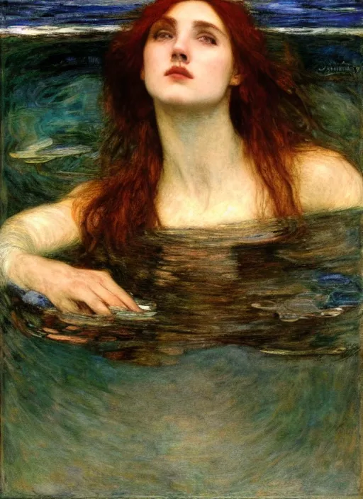 Prompt: lady of shallot as ophelia, underwater, submerged, close up portrait by john william waterhouse, rosetti, monet, william holman hunt, 8 k