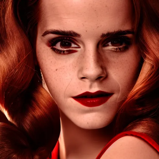 Image similar to Emma Watson as Jessica Rabbit, (Sony a7R IV, symmetric balance, polarizing filter, dynamic range, HDR, depth)