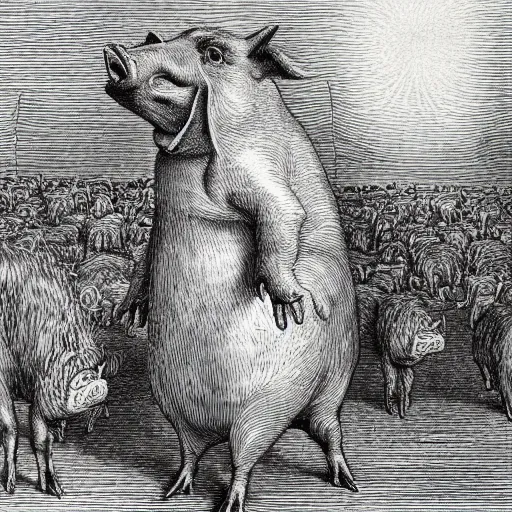 Pig Walking On His Hind Legs Creepy Atmosphere Stable Diffusion