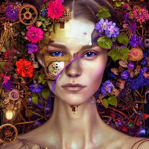 Image similar to a beautiful intricate fine art portrait photo of a farewell moment between a mechanical industrial steampunk cybernetic robot and a human overgrown with colorful flowers and leaves by tom bagshaw and zach sutton, golden ratio composition, studio lighting, 50mm lens, very detailed, bionic, cybernetic scifi, deep depth of field, artstation, 8K, highly coherent