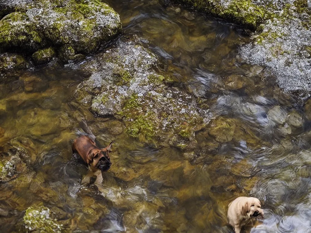 Image similar to a dog standing!!!!! in a stream!!!!!, looking down, reflection in water, ripples, beautiful!!!!!! swiss forest, photograph, character design, national geographic, soft focus