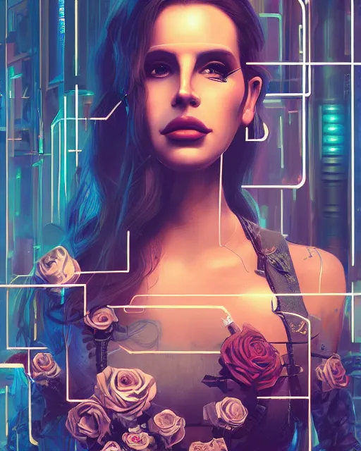 Image similar to portrait of lana del rey as a cyberpunk cyborg. roses, sci - fi, missing panels, intricate abstract, upper body, intricate artwork, by tooth wu, wlop, beeple, dan mumford. concept art, 8 k octane render, deviantart, greg rutkowski, cinematic, key art, hyperrealism, iridescent accents