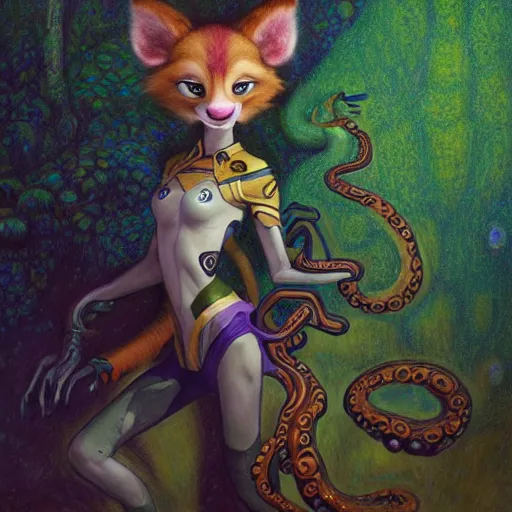 Image similar to a portrait of a female tentacle monster in starfleet uniform at night in a dark forest. zootopia fursona furaffinity furry art detailed face painting by gaston bussiere craig mullins jc leyendecker gustav klimt artgerm greg rutkowski furry