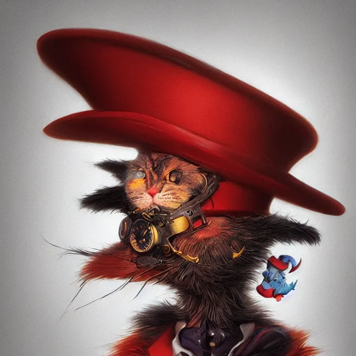 Image similar to complex 3 d render, hyper detailed, ultra sharp, vampire cat in the hat, scary, cute, cinematic, head and shoulders, steampunk, natural soft light, rim light, octane render, artstation, art by artgerm and greg rutkowski and alberto seveso, dr seuss