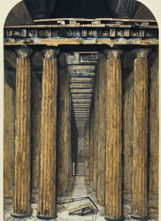 Image similar to a mecha robot inside a Greek temple filled with bones, Greek temple, Daguerrotype, Francis Bacon Painting