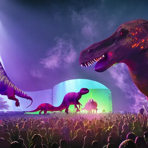 Image similar to a group of dinosaurs having a rave party at boom festival main stage, rendered in octane