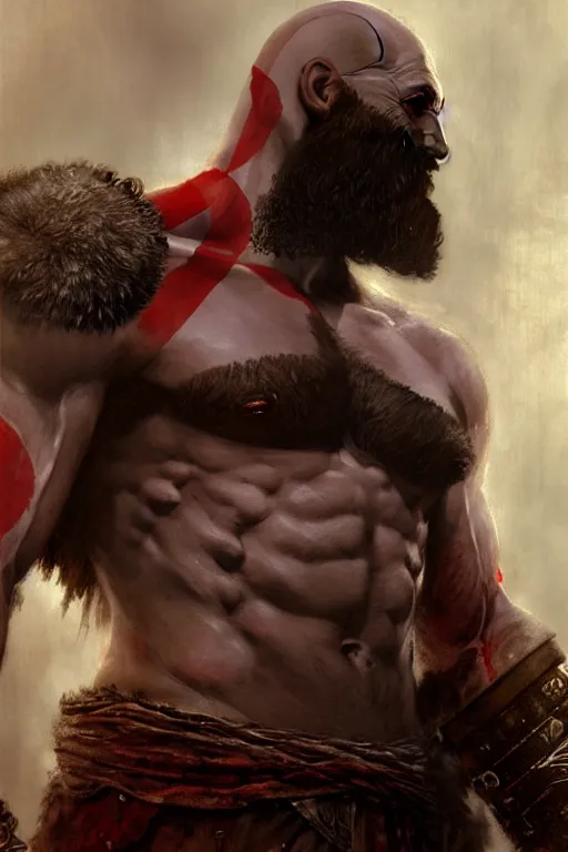 Image similar to god of war kratos half body detailed portrait dnd, painting, brush strokes by gaston bussiere, craig mullins, greg rutkowski, yoji shinkawa