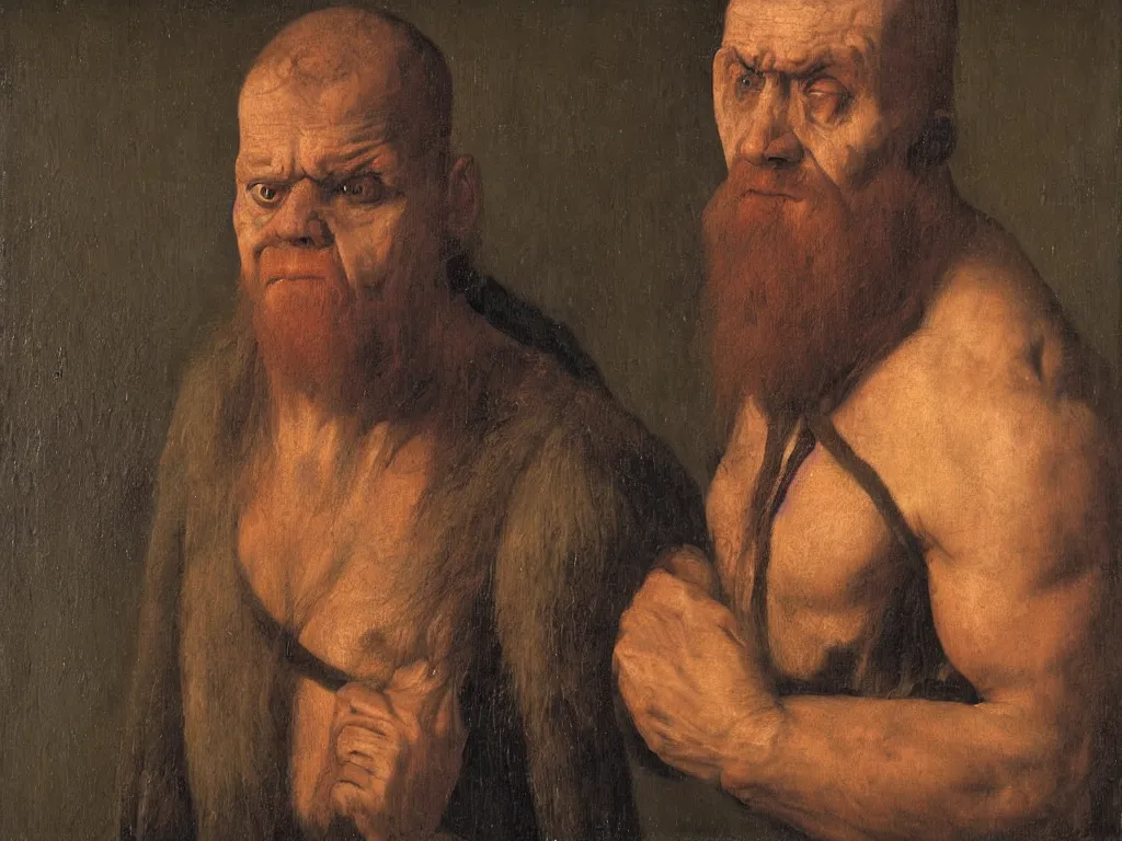 Prompt: portrait of a scarred professional wrestler. Painting by Jan van Eyck, August Sander.