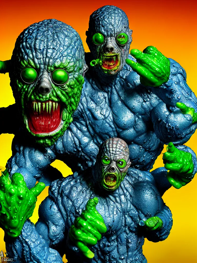 Prompt: hyperrealistic rendering, shiny wet toxic avenger by art of skinner and richard corben and jeff easley, product photography, action figure, sofubi, studio lighting, colored gels, rimlight, backlight