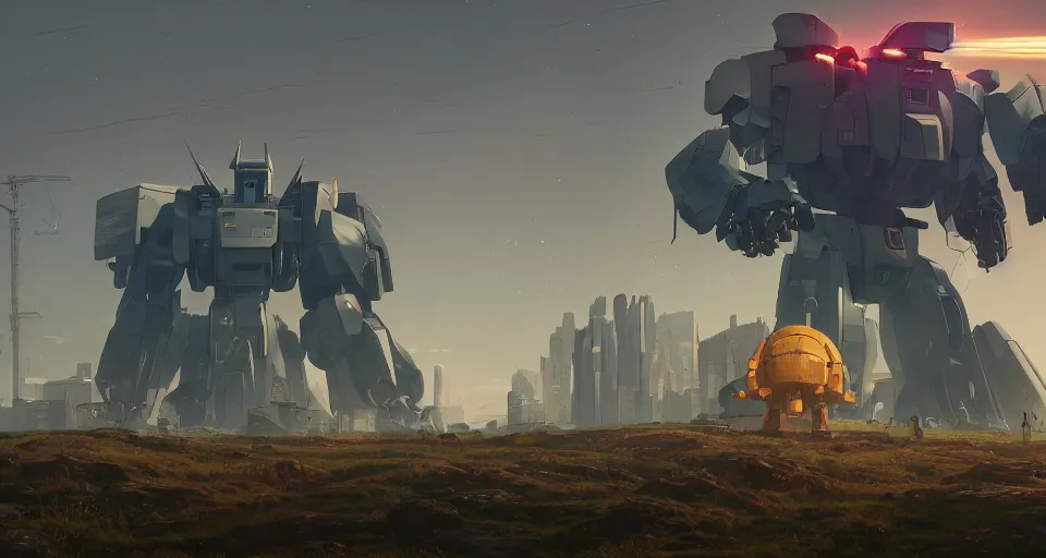 Image similar to Landscape with a GIANT mecha gorilla megastructure looming in the distance, inspired by gundam, cinematic, rendered by simon stålenhag, rendered by Beeple, Makoto Shinkai, syd meade, environment concept, digital art, unreal engine, 3 point perspective, WLOP, trending on artstation, low level, 4K UHD image, octane render,