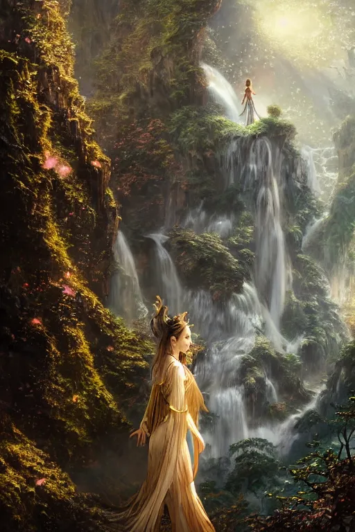 Image similar to detailed intricate digital illustration by greg rutkowski and david friedrich and ruan jia and fenghua zhong and steven belledi ; portrait of fairy girl standing in gothic fantasy valley and waterfall faerie fey unseelie in background ; 1 3 mm film, arri alfa anamorphic lens ; sharp focus, golden hour, fireflies ; trending on artstation 8 k closeup