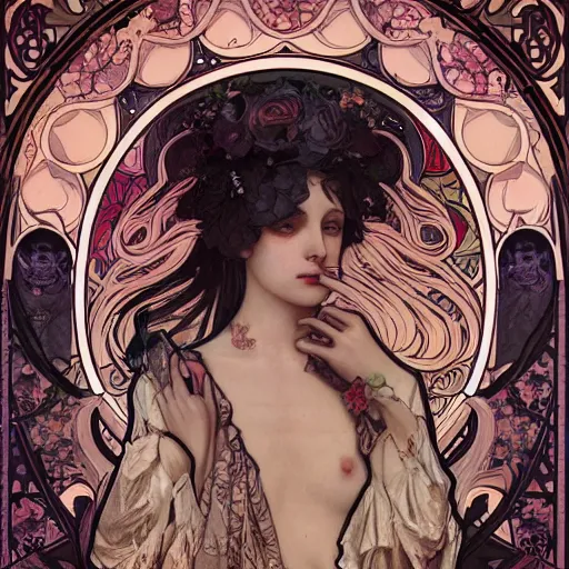 Prompt: An illustration with the theme of death by mucha and wlop