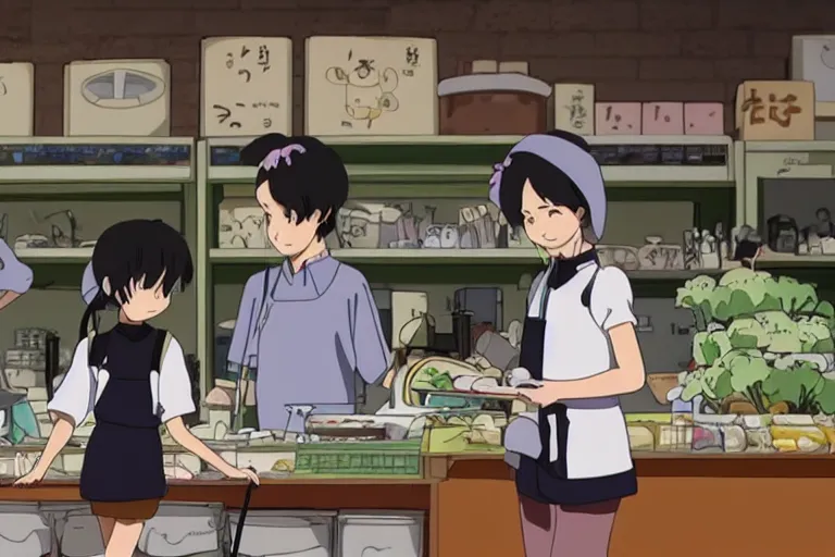 Prompt: studio ghibli anime film about a girl and her best friend panda working at a deli, miyazaki movie