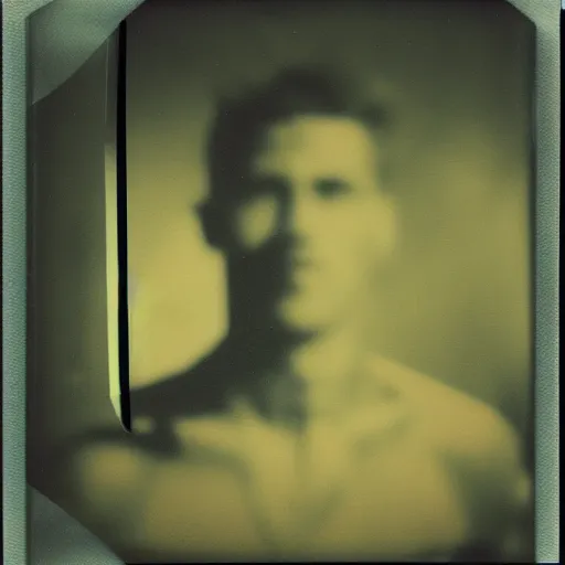 Prompt: glitchpunk damaged polaroid photo of a blurry man in a dark dystopian future
