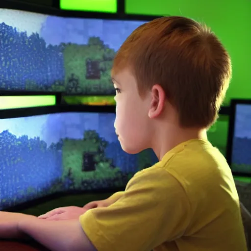 Image similar to a kid with eyes bulging staring at a bright computer screen at night playing minecraft