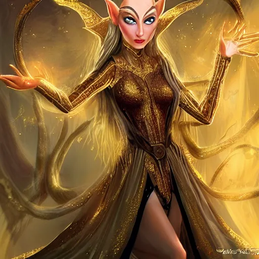 Image similar to an elven woman offering golden glitter magic that is floating into a gateway to the dream dimension, fantasy, art station, artgerm