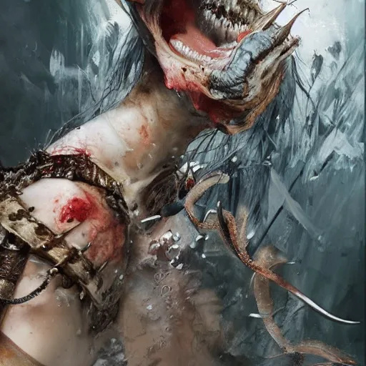 Image similar to Beautiful viking princess of the world destroying a toothy monster on a battlefield of destruction by Tsutomu Nihei, by Emil Melmoth, by stuz0r, Craig Mullins, yoji shinkawa, cross, artstation, peter morbacher, young, very attractive, pretty face, hyper detailed, very detailed, rendering by octane,