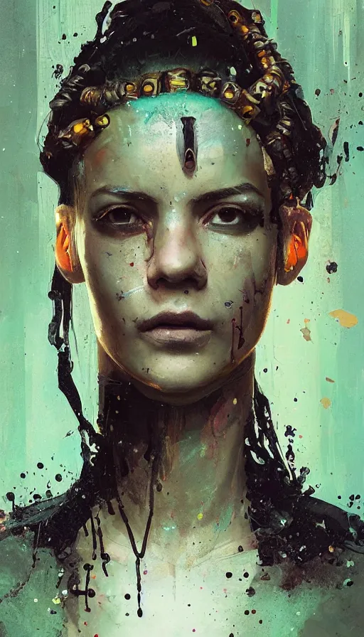 Image similar to altered carbon, detailed portrait young gangster girl, ( ( neon tattoes ) ), styled hair, decorated traditional ornaments by carl spitzweg, ismail inceoglu, vdragan bibin, hans thoma, greg rutkowski, alexandros pyromallis, perfect face, fine details, realistic shaded