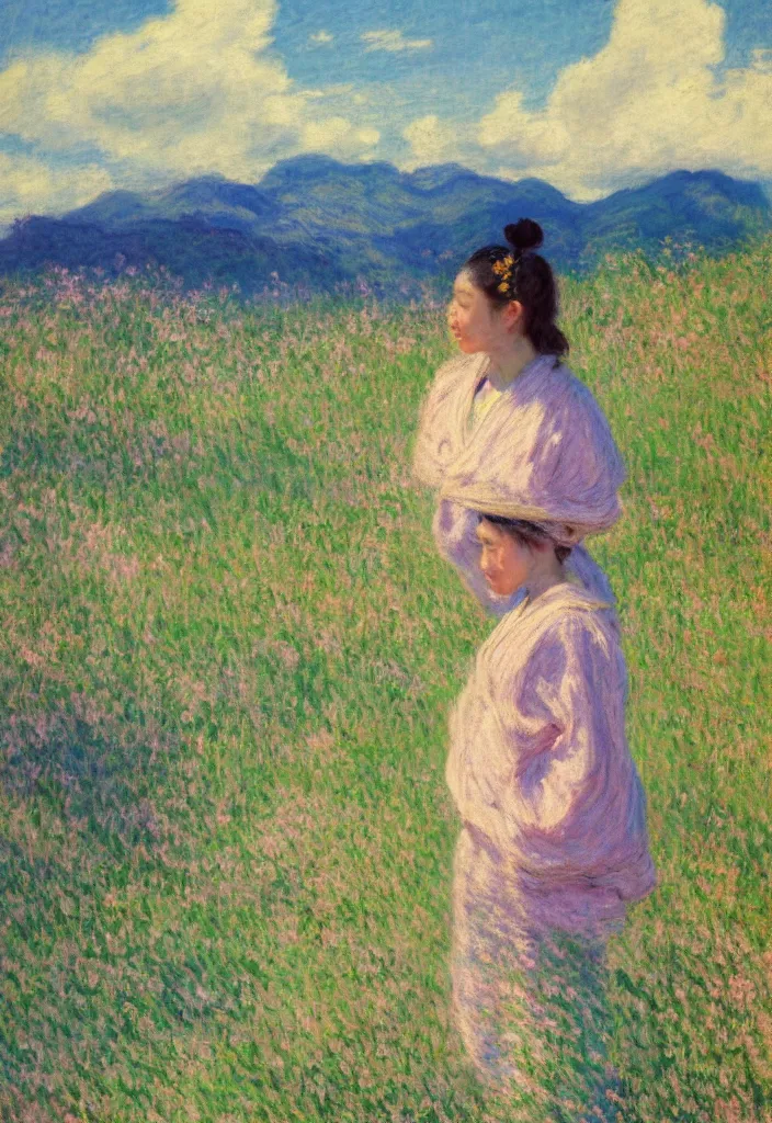 Image similar to tiny character in front of a beautiful japanese country side landscape, bleu sky, magnificient clouds, lofi vibe, vivide colors, amazing light, really beautiful nature, oil painting, impressionist style, by jeremy lipkin, by claude monet, by ghibli, kandinsky touches, multiple brush strokes, masterpiece