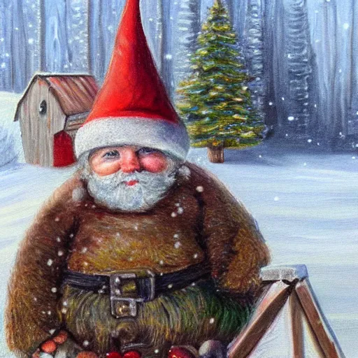 Image similar to portrait painting of scandinavian gnome in barn, winter clothes, very very very very very beautiful christmas art, wood and hay, masterpiece, realistic and detailed