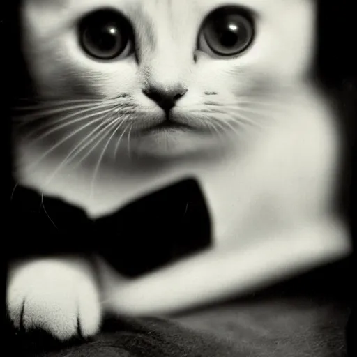 Prompt: a portrait photo of a cute kitten wearing a tuxedo, by edward weston, auto graflex, 2 1 0 mm ƒ / 6 4 zeiss tessar, agfa isopan iso 2 5, pepper no. 3 5, 1 9 3 0, high quality photo, highly detailed, studio lighting, fine - art photography, tack sharp