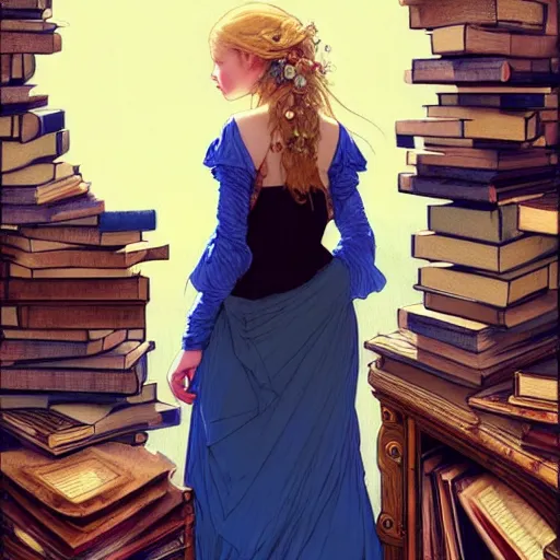 Image similar to A girl in a blue dress standing over a pile of books with golden locks down her back and a black cat at her feet, face, fantasy, intricate, elegant, highly detailed, digital painting, artstation, concept art, smooth, sharp focus, illustration, art by Krenz Cushart and Artem Demura and alphonse mucha