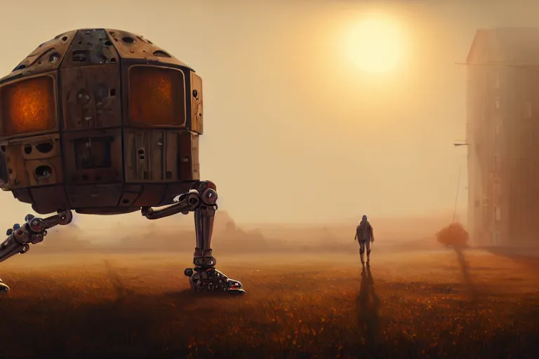 Image similar to a walking mechanical house on mechanical legs, rust, hyperrealistic, highly detailed, cinematic, single ray of sun, fog, beautiful, cgssociety, artstation, 8 k, oil painting