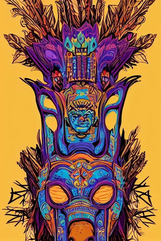 Image similar to animal mask totem roots flower tribal feather gemstone plant wood rock shaman vodoo video game vector cutout illustration vivid multicolor borderlands comics by josan gonzales and dan mumford radiating a glowing aura