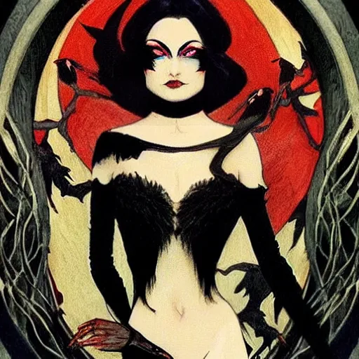 Prompt: dark swan queen, black hair, black feathers instead of hair, gothic, red lips, feathers growing out of skin, black fingers with black claws, bird feet, black bodysuit, disney villain, dark fae, moulting, suspended in zero gravity, on spaceship with cables hanging down, highly detailed, mucha, mike mignogna, comic book, illustration