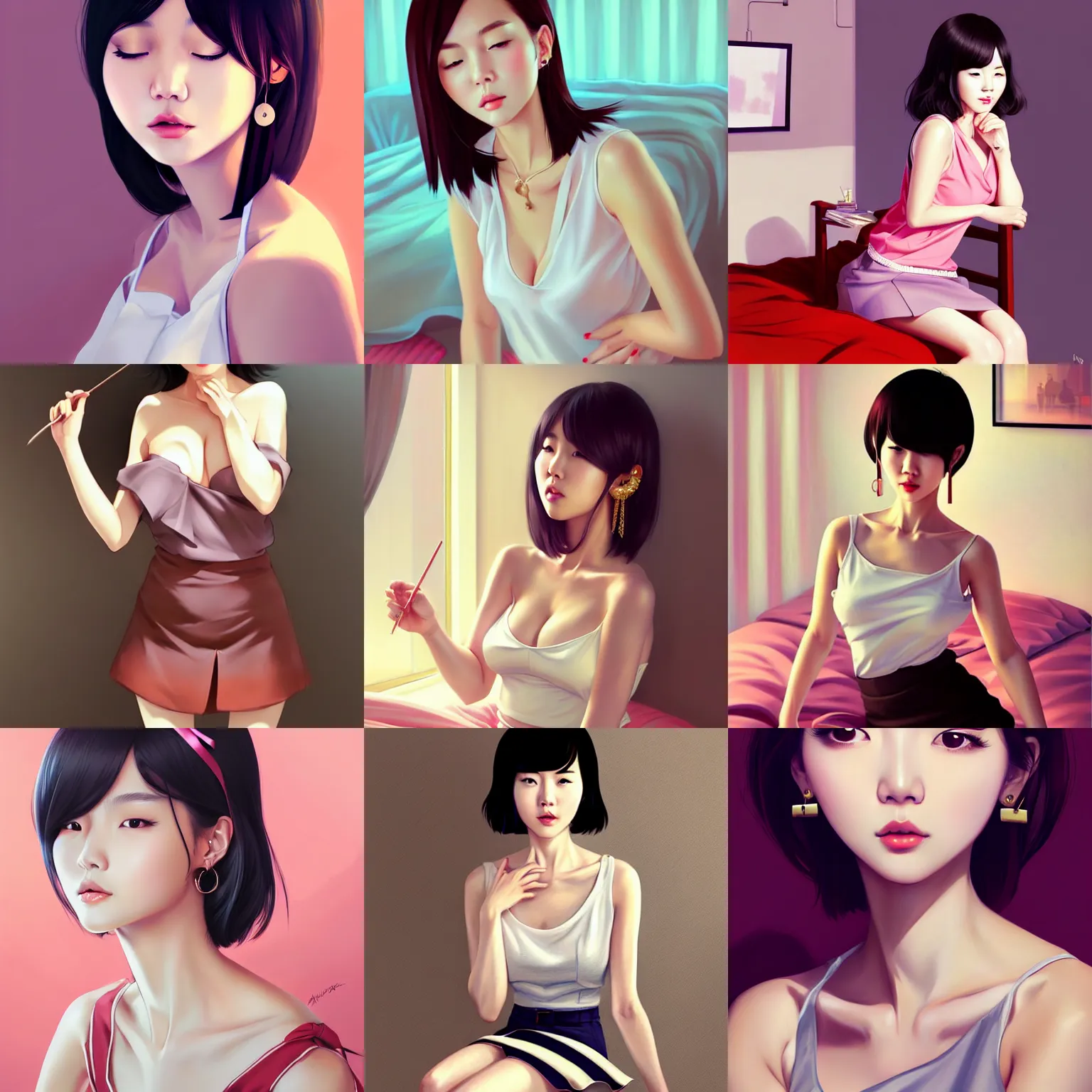 Prompt: sexy korean girl in a low cut blouse and short skirt, seductive pose, shoulder-length hair, ribbon in her hair, earrings, sitting on a bed. highly detailed, digital painting, in the style of artgerm and ilya kuvshinov, high definition digital art