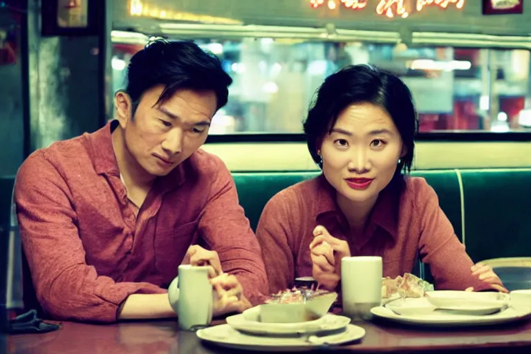 Image similar to VFX movie interior closeup beautiful Asian couple closeup sitting at 50s diner, night in the city, by Emmanuel Lubezki