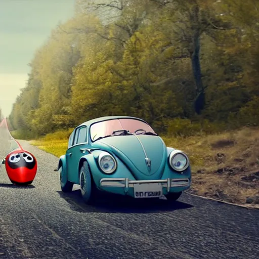 Prompt: promotional movie scene of a ( volkswagen beatle ) and ladybug hybrid. a ( volkswagen beatle ) merged into a ladybug. the hybrid is racing down a dusty back - road. cinematic, 4 k, imax, 7 0 mm