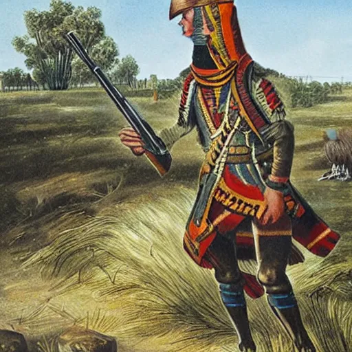 Image similar to emu soldier carrying firearms victorious at the fall of australia