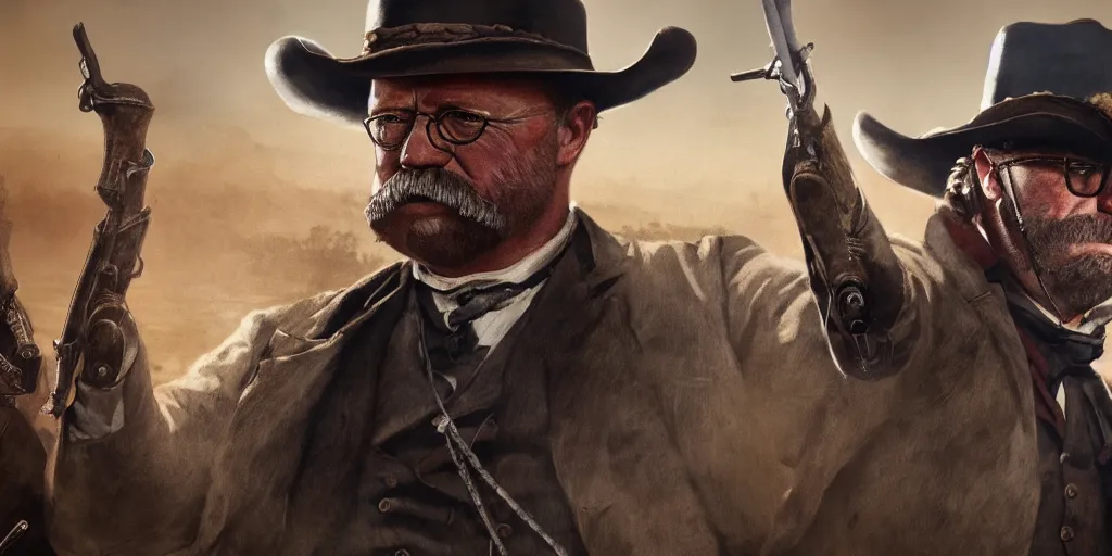 Prompt: teddy roosevelt in rdr 2, cover art by stephen bliss, boxart, loading screen, 8 k resolution
