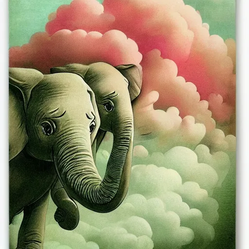 Image similar to “falling asleep with cute elephants made from clouds, illustration, detailed, smooth, pink white and green, by adolf lachman”